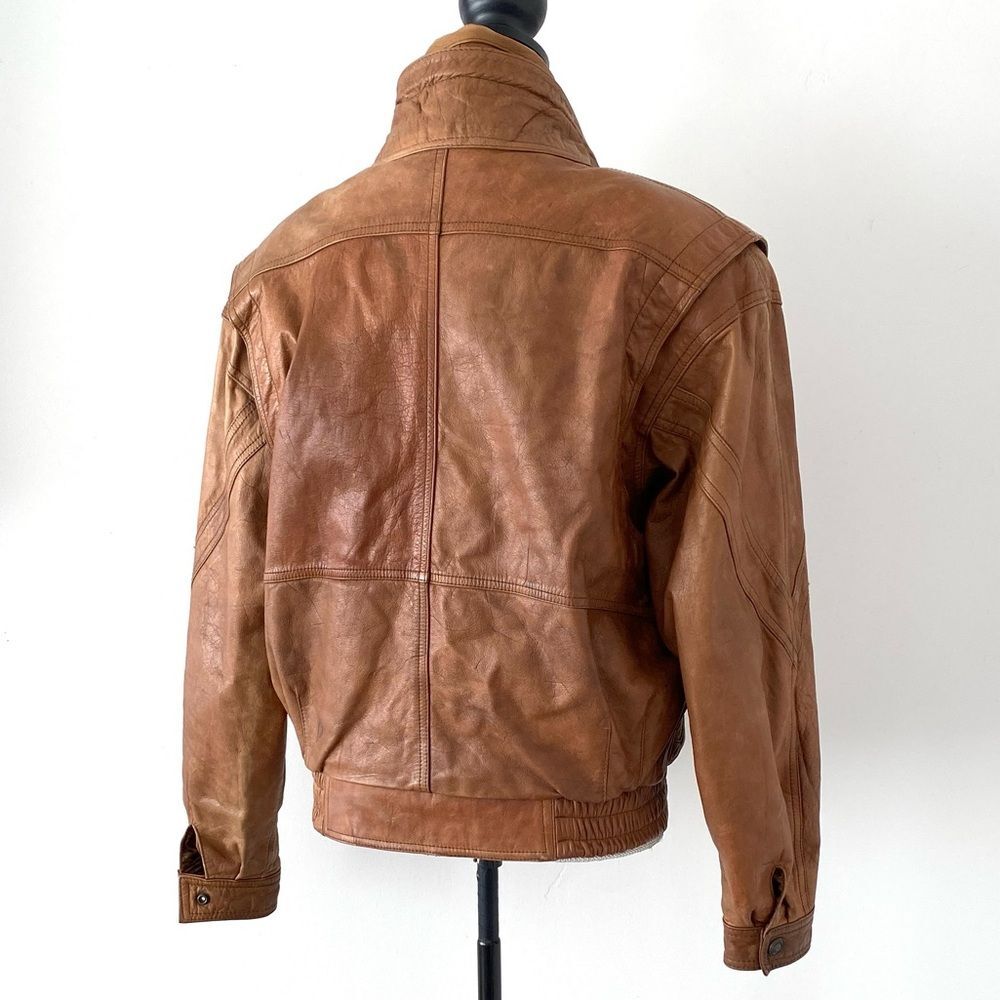 Vintage Men's S Brown Leather Bomber Jacket Women M Stand Collar Aviator Retro - Picture 7 of 16